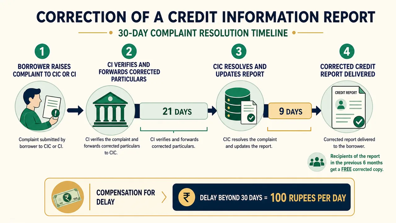 Credit information report correction timeline showing borrower complaint filing, 21 days for the credit institution, 9 days for the CIC, corrected report delivery, and 100 rupees per day delay compensation