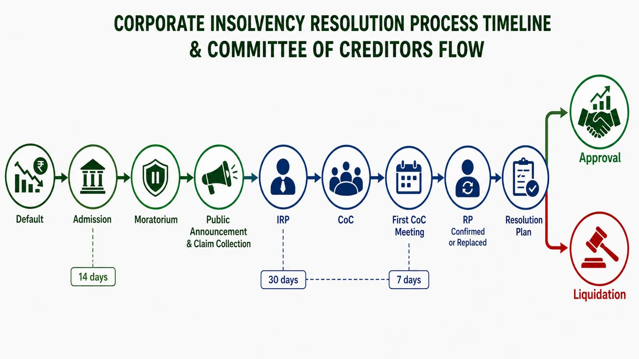 CIRP timeline and Committee of Creditors flow showing default, admission, moratorium, IRP, CoC, resolution plan approval, and liquidation path under IBC