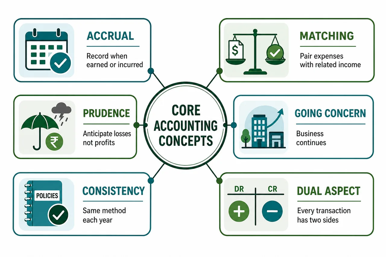 Core accounting concepts cluster for banking exams showing accrual, matching, prudence, going concern, consistency, and dual aspect