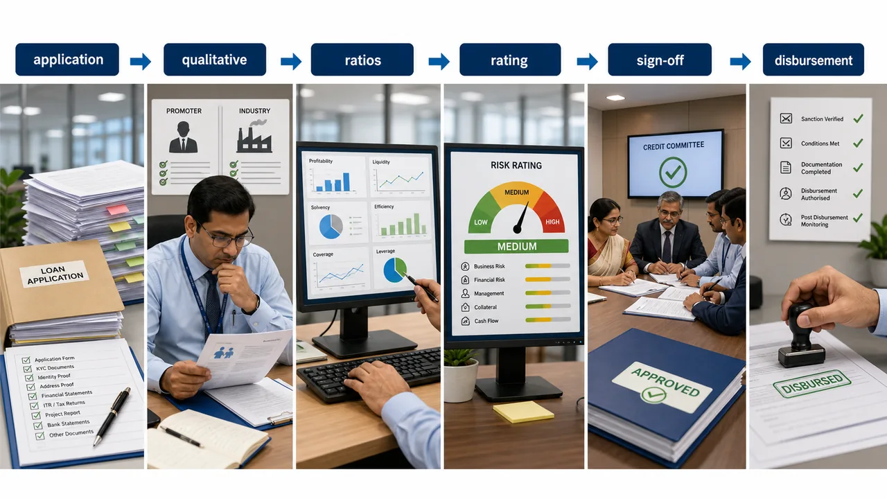 Bank credit appraisal workflow showing application screening, qualitative review, ratio analysis, risk rating, sign-off, and controlled disbursement
