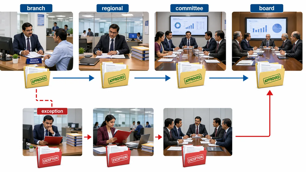 Bank credit policy delegation of authority showing branch, regional, committee, and board levels with a separate exception escalation path