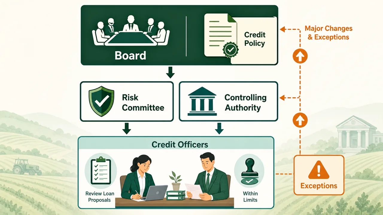 Bank credit policy governance flow showing board approval, risk committee review, credit officers, controlling authority, and exception escalation