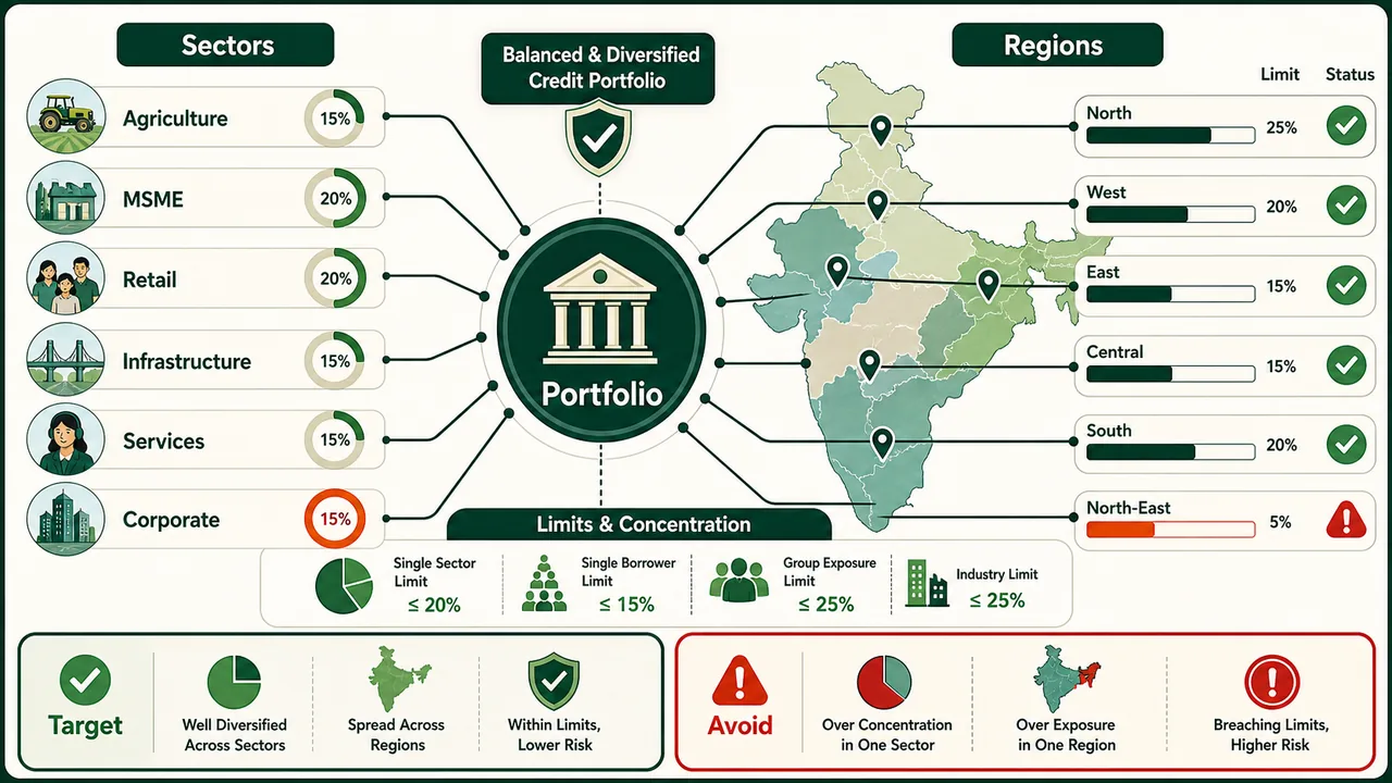 Bank credit portfolio diversification map showing sector and regional spread with concentration limits plus target and avoid exposures