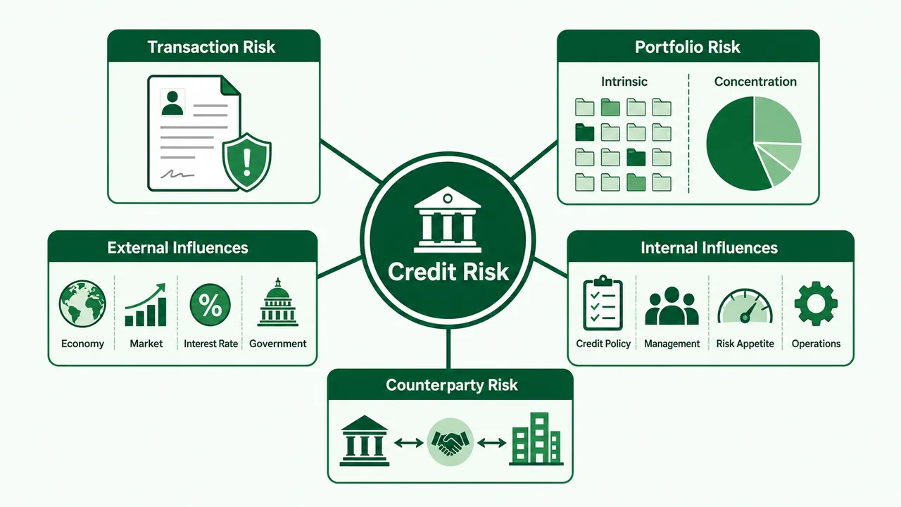 Credit risk components map showing transaction risk, portfolio risk, counterparty risk, and internal versus external influences in banking