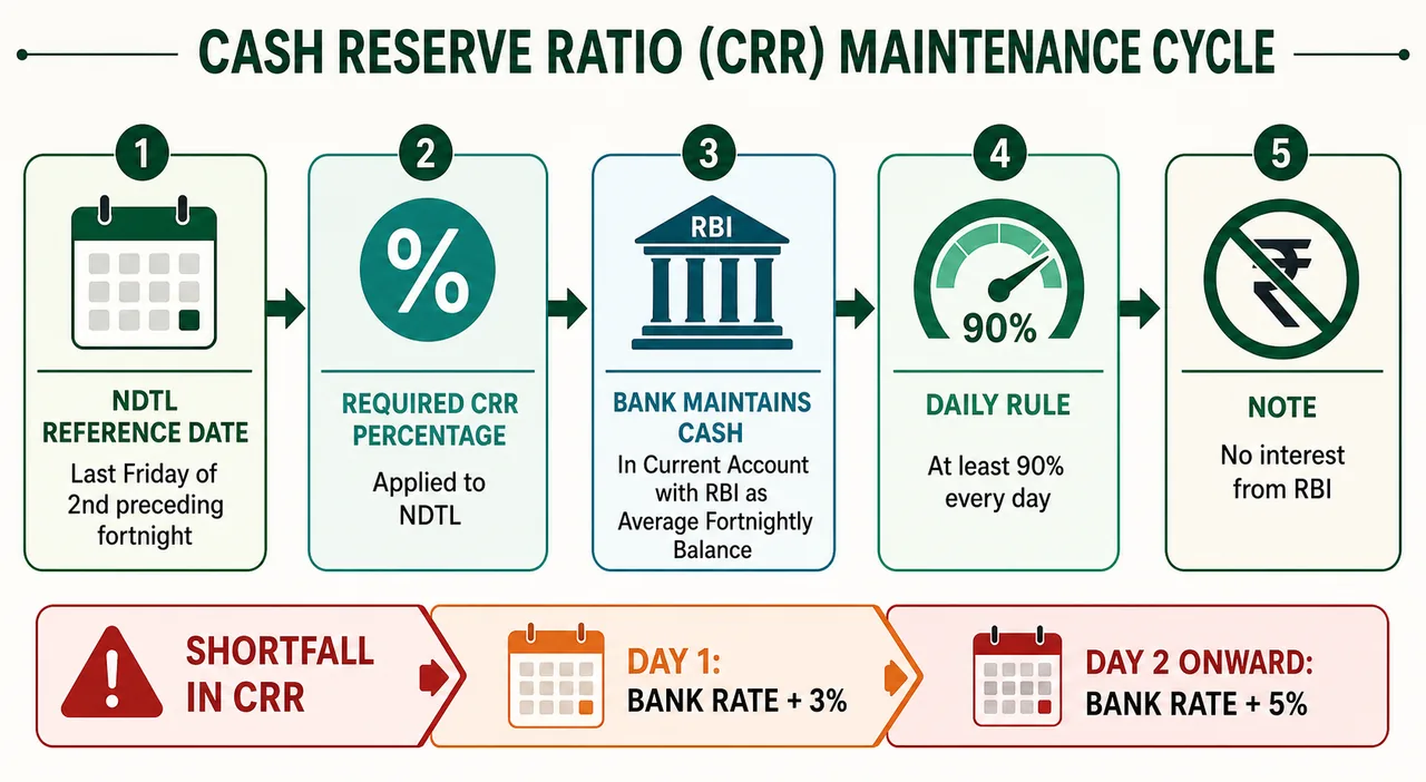 CRR maintenance cycle in banking showing the NDTL reference date, average fortnightly balance with RBI, 90 percent daily minimum, and penalty escalation for default