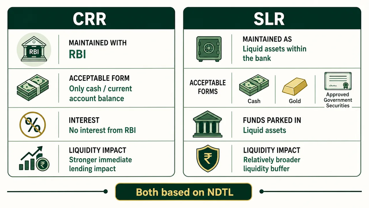CRR versus SLR comparison showing where each is maintained, the acceptable asset form, and the difference in liquidity impact
