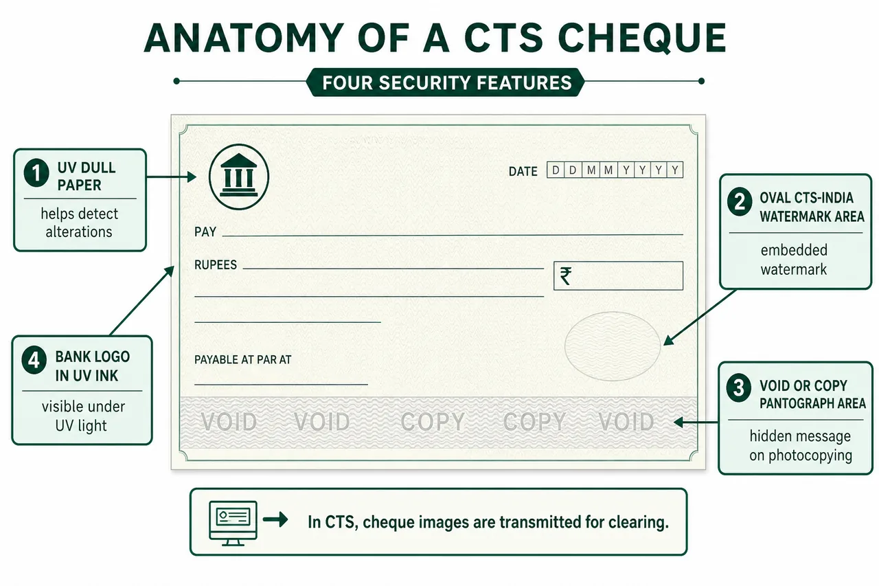 CTS cheque anatomy diagram highlighting UV dull paper, oval CTS-India watermark area, VOID or COPY pantograph area, and bank logo in UV ink