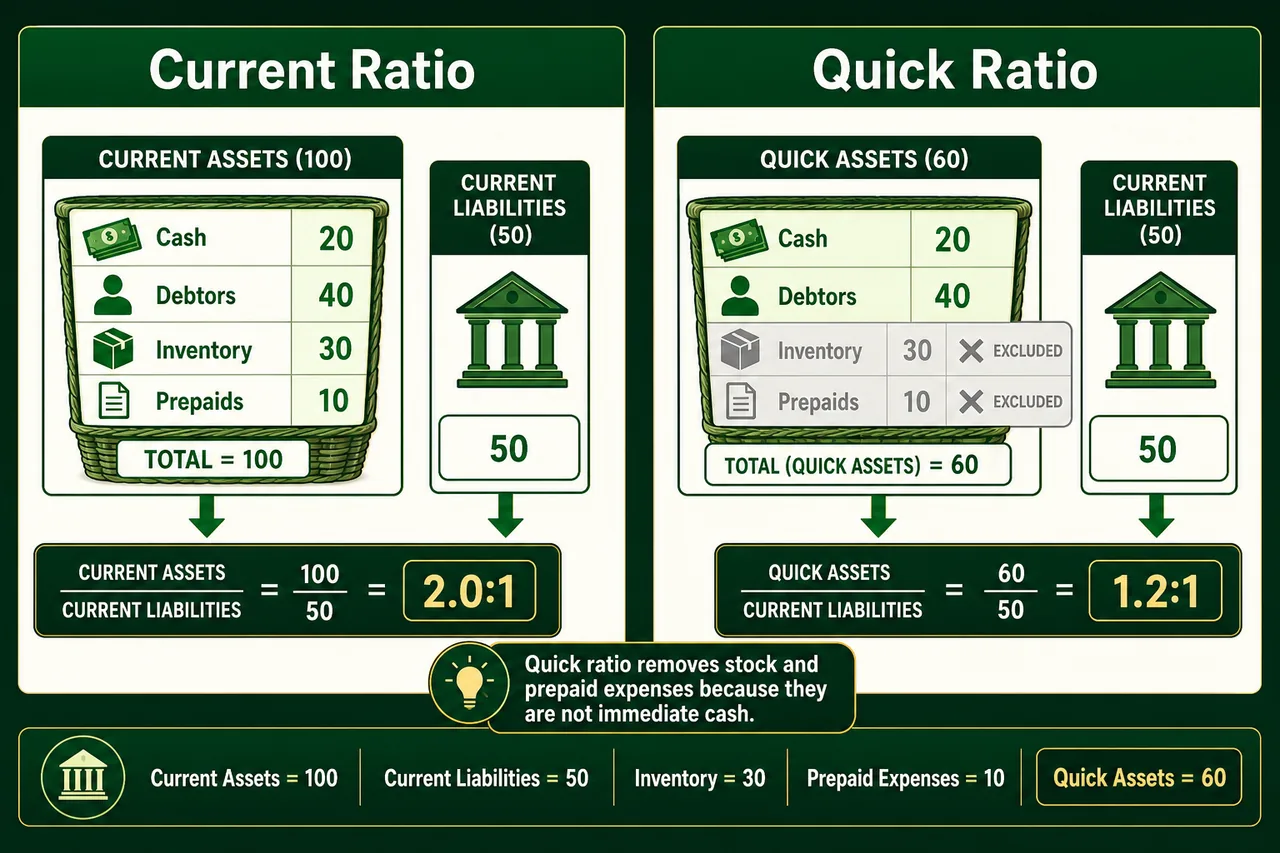 Current ratio versus quick ratio comparison showing inventory and prepaid expenses excluded from quick assets in banking exams