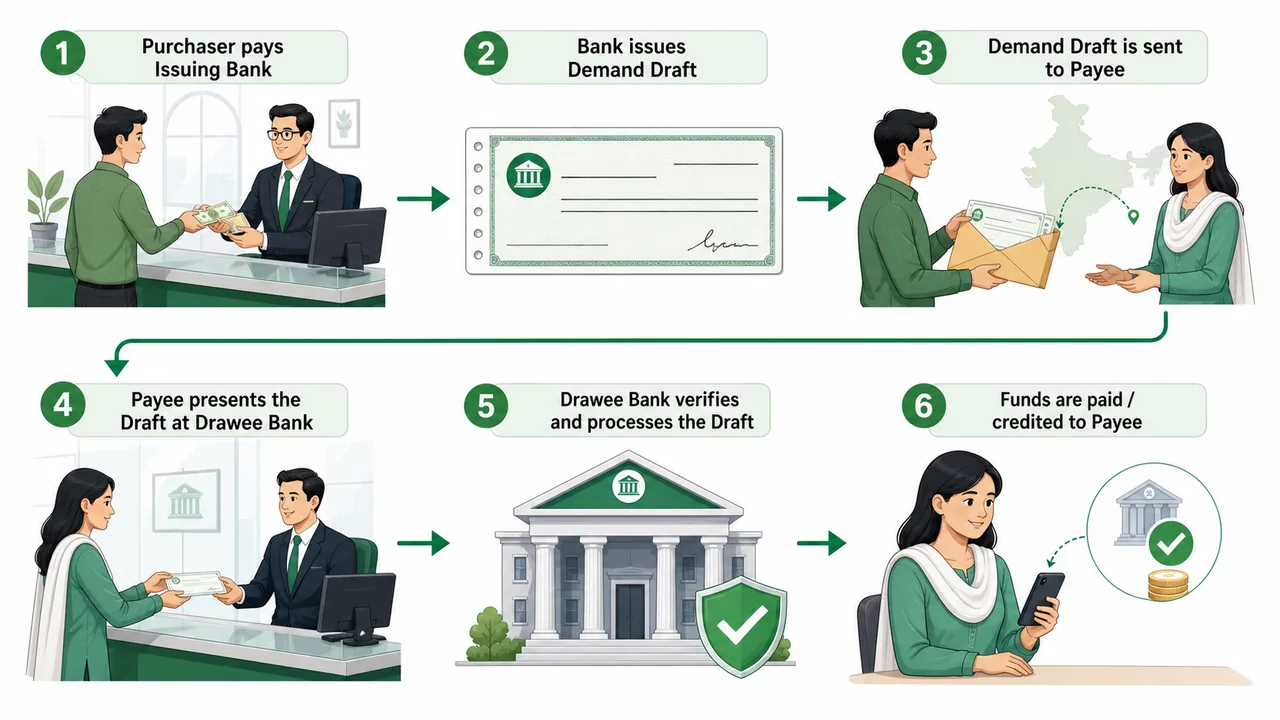 Demand draft lifecycle in banking showing the purchaser paying the issuing branch, the draft reaching the payee, and the drawee branch completing payment
