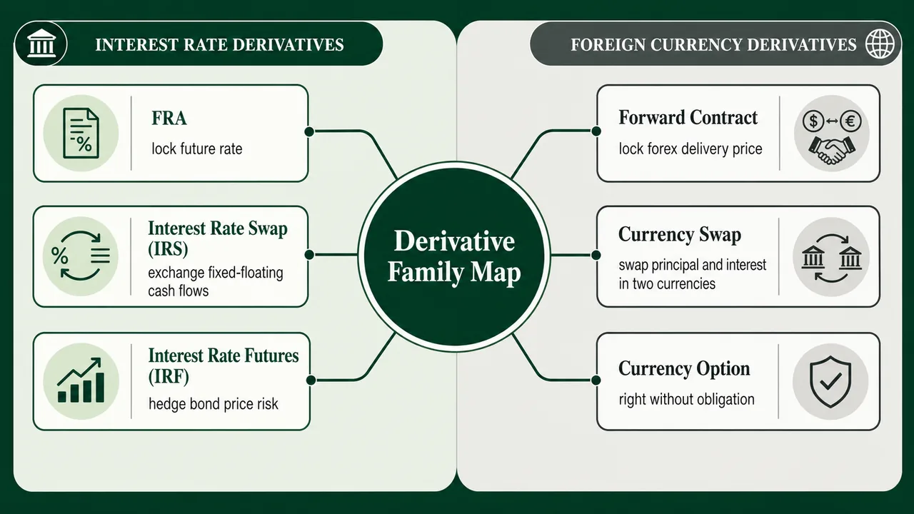 Derivative family map showing interest rate and foreign currency derivatives including FRA, interest rate swap, interest rate futures, forwards, currency swaps, and currency options