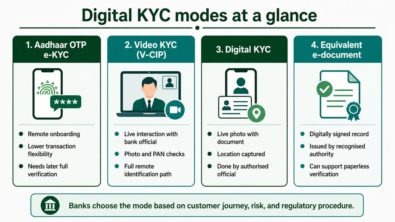Comparison of digital KYC modes in banking including Aadhaar OTP e-KYC, video KYC, digital KYC, and equivalent electronic documents