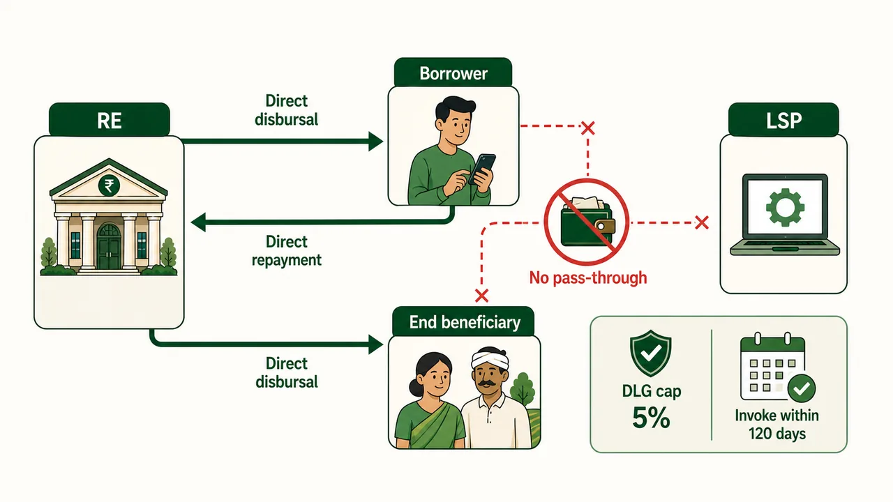 Digital lending fund flow showing direct disbursal from the regulated entity, direct repayment to the regulated entity, blocked pass-through routing, and default loss guarantee limits
