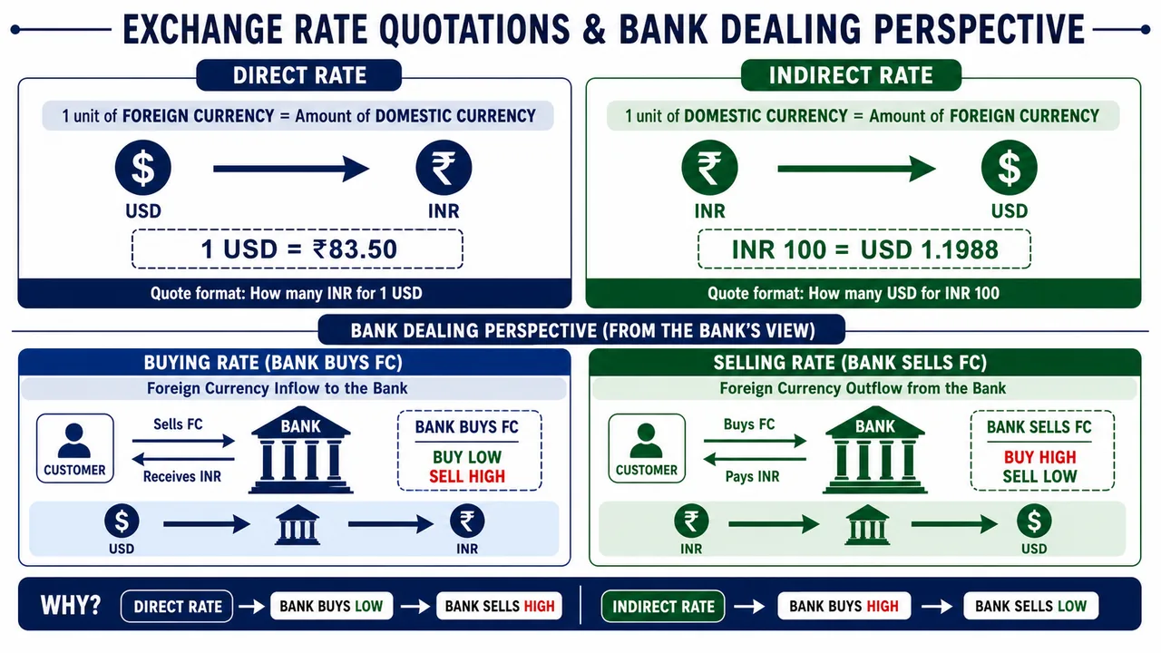 Exchange rate quotations showing direct versus indirect rate formats and the bank buying versus selling foreign currency perspective
