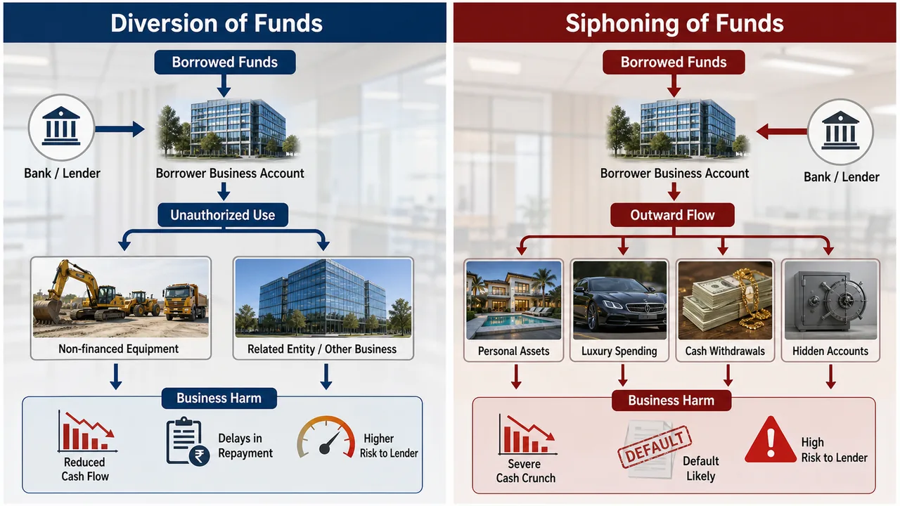 Comparison of diversion and siphoning of borrowed funds showing unauthorized business use versus outward hidden flow and lender risk impact
