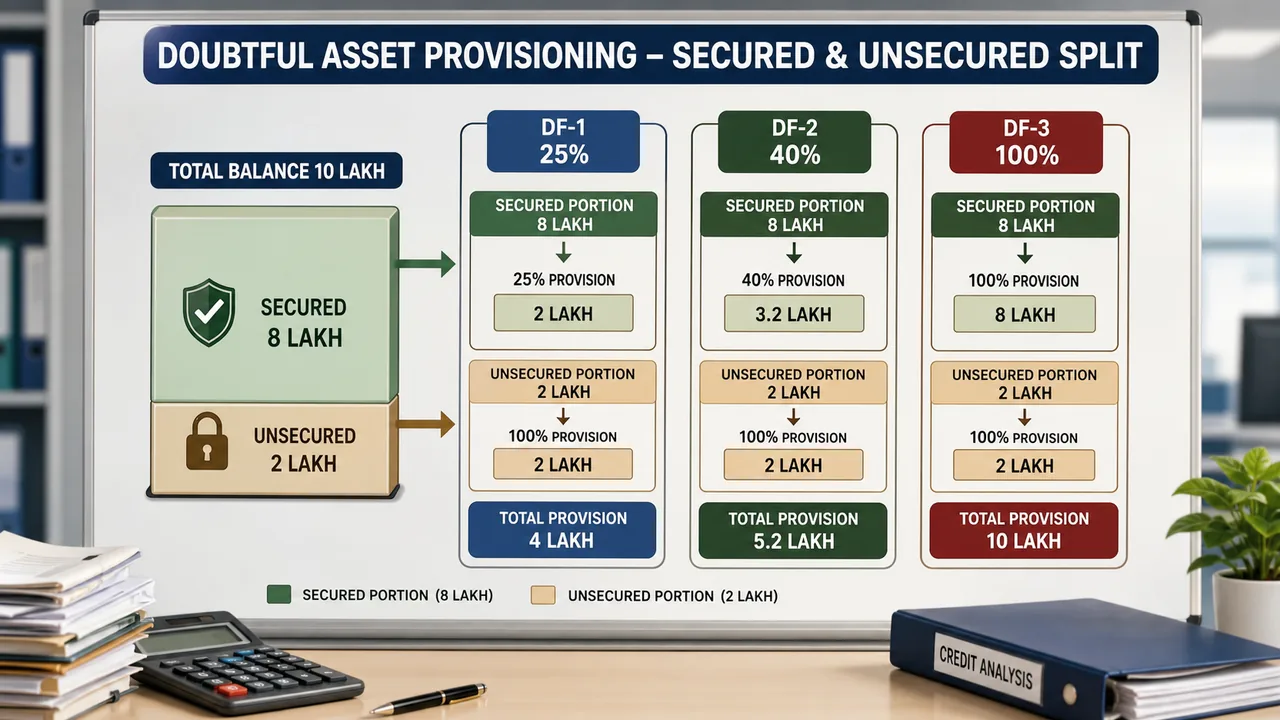 Doubtful asset provisioning visual for banking exams showing split between secured and unsecured portions and how DF1, DF2 and DF3 change the total provision