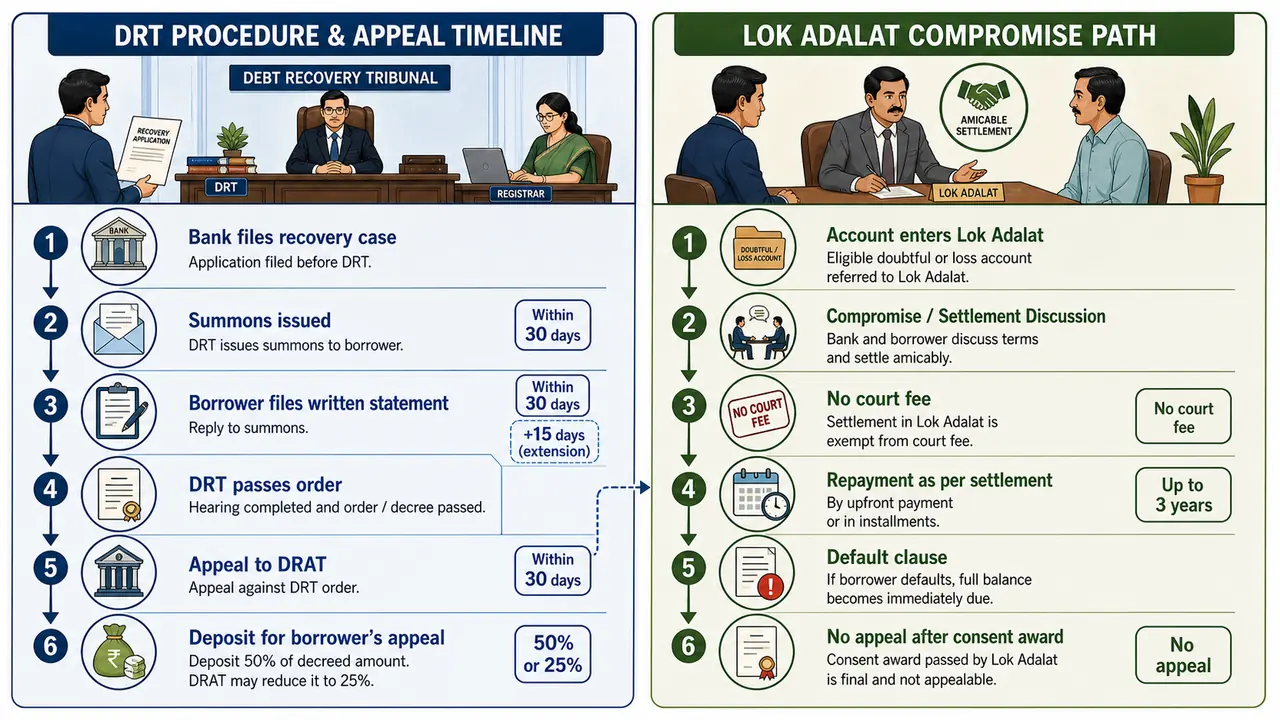 DRT procedure and Lok Adalat recovery timelines showing summons, written statement, DRAT appeal, borrower deposit rule, and compromise settlement path
