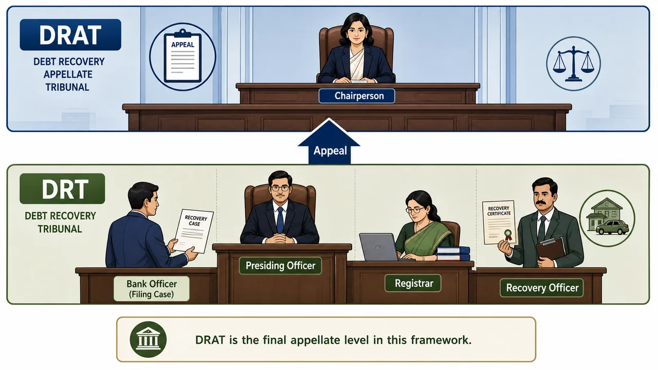 Two-level DRT and DRAT structure in banking law showing DRT officials, recovery certificate handling, and appeal from DRT to DRAT
