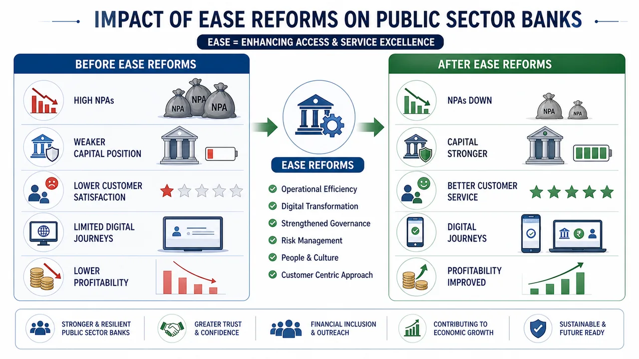 Before-versus-after overview of EASE reform outcomes in public sector banks showing lower NPAs, stronger capital, better service, digital journeys, and improved profitability
