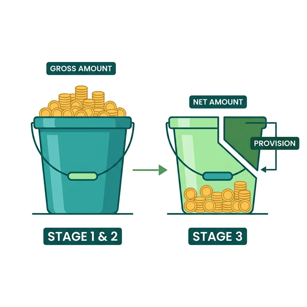 Educational diagram comparing interest calculation base: Stage 1 and 2 use full Gross Amount bucket, while Stage 3 uses Net Amount bucket with the Provision chunk removed