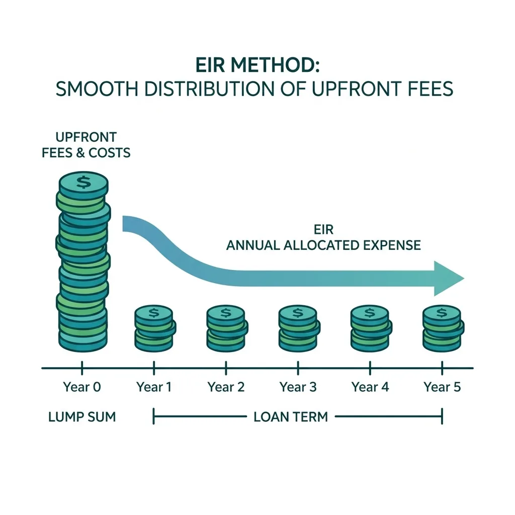 Educational diagram showing the Effective Interest Rate (EIR) method smoothing upfront fees into equal installments over a 5-year loan term