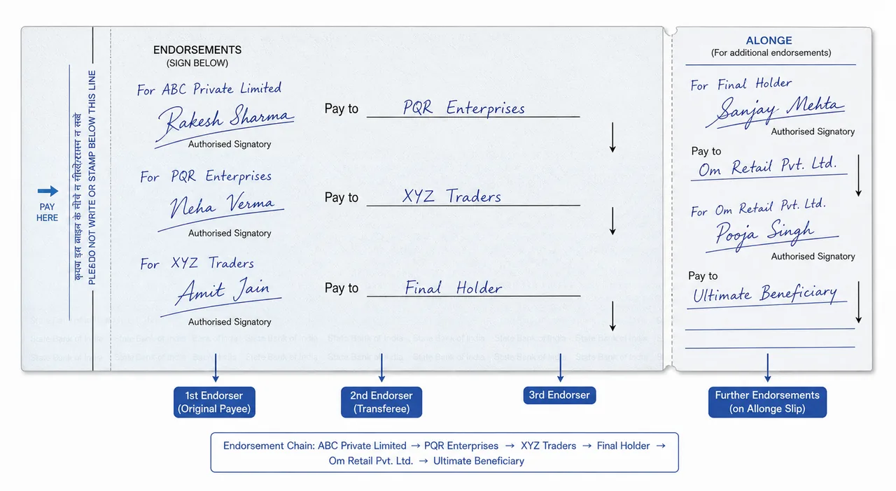 Back of a cheque showing endorsement chain and allonge for transfer of title in banking law