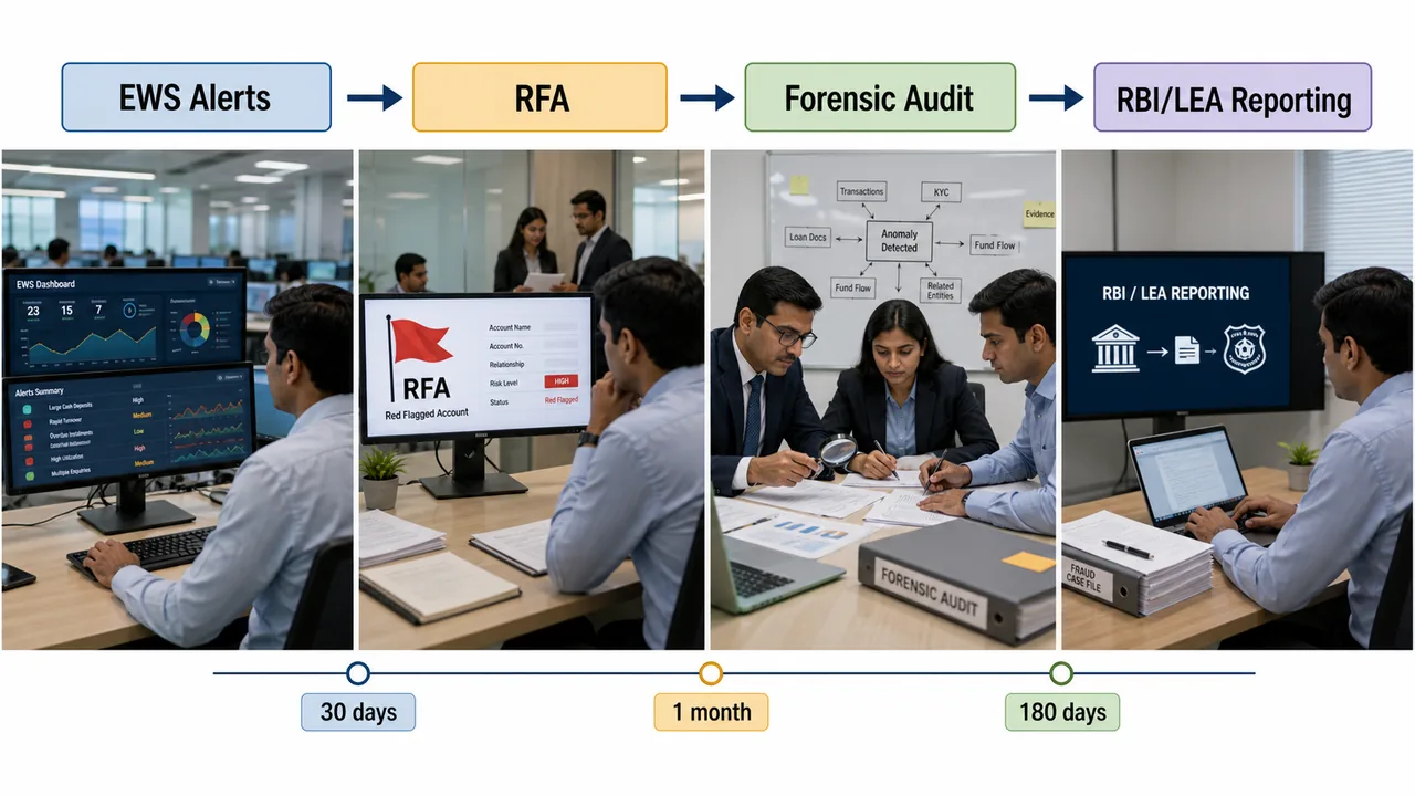 Bank fraud escalation path from early warning signals to red flagged account forensic audit and regulatory reporting timelines