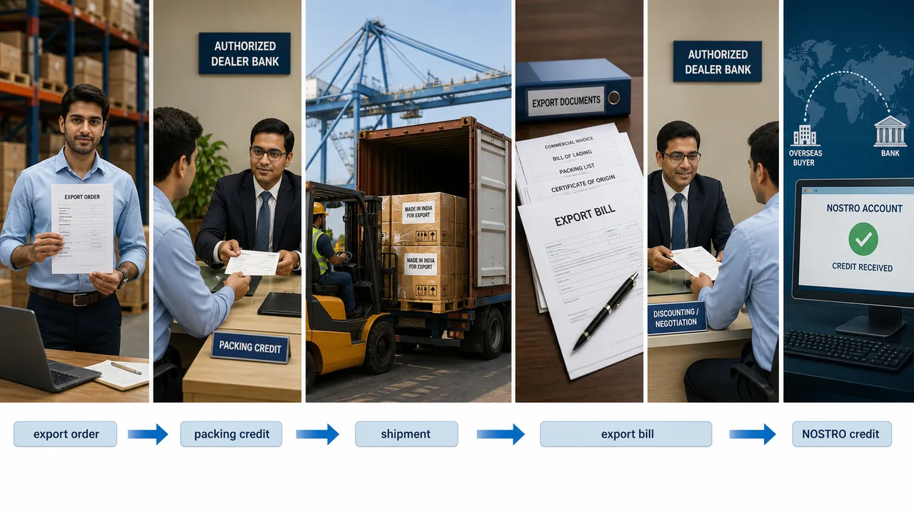 Export credit lifecycle in banking exams showing export order, packing credit before shipment, shipment of goods, export bill submission, and NOSTRO credit after bill realization