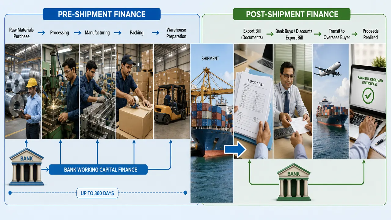 Export finance in banking showing the two-stage cycle from pre-shipment working capital for production and packing to post-shipment bill finance until export proceeds are realized