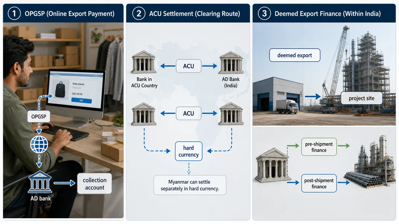 Export payment channel comparison showing OPGSP collections, ACU settlement route, and bank finance for deemed exports within India