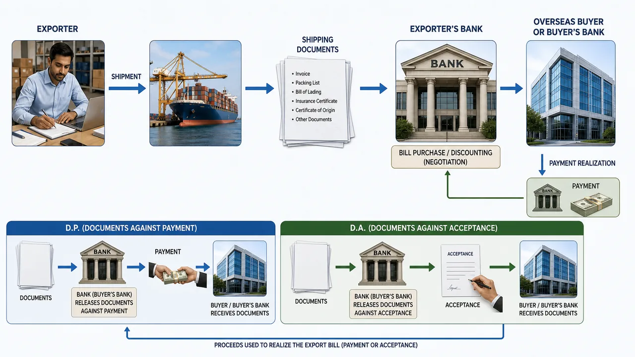 Post-shipment export finance document flow showing shipment documents moving through the exporter's bank, bill purchase or discounting, and the difference between documents against payment and documents against acceptance