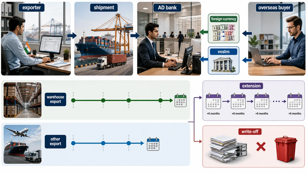 Export proceeds realization flow in banking showing warehouse exports, other exports, AD bank extension blocks, and write-off handling for unrealized export bills