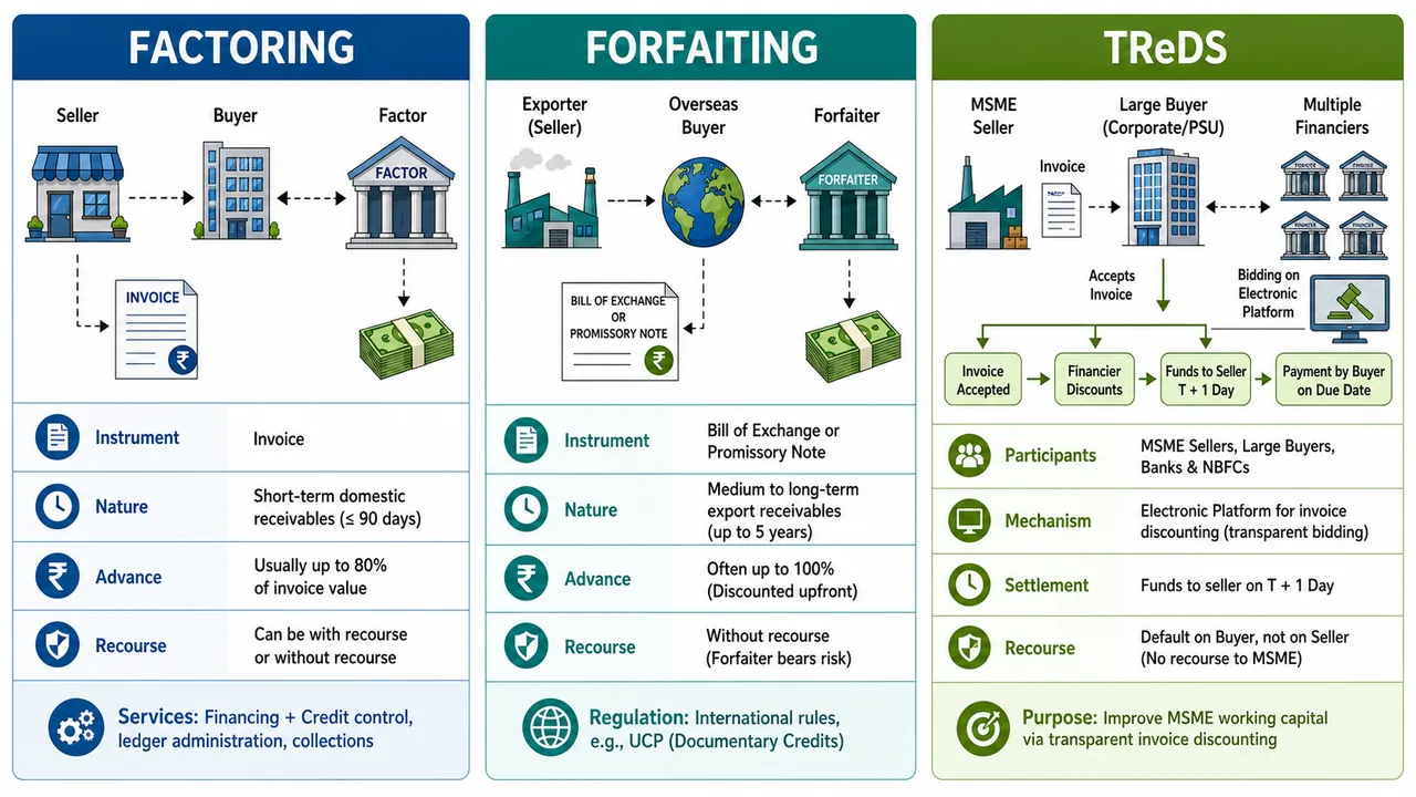 Factoring versus forfaiting versus TReDS comparison for banking exams showing parties, instruments, tenor, recourse, and funding mechanism