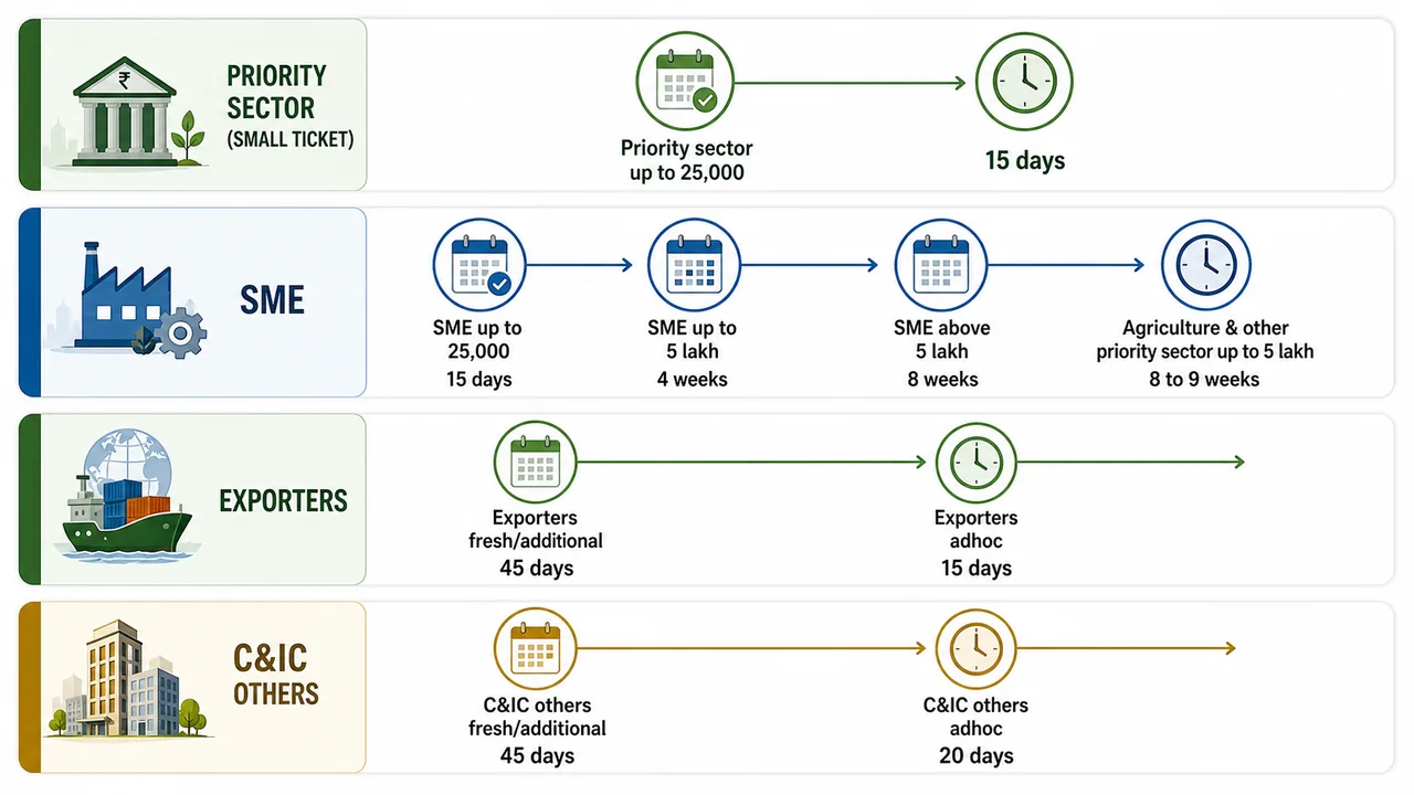 Credit request turnaround timeline comparison for priority sector, SME, exporters, and C and IC borrowers under fair practices code