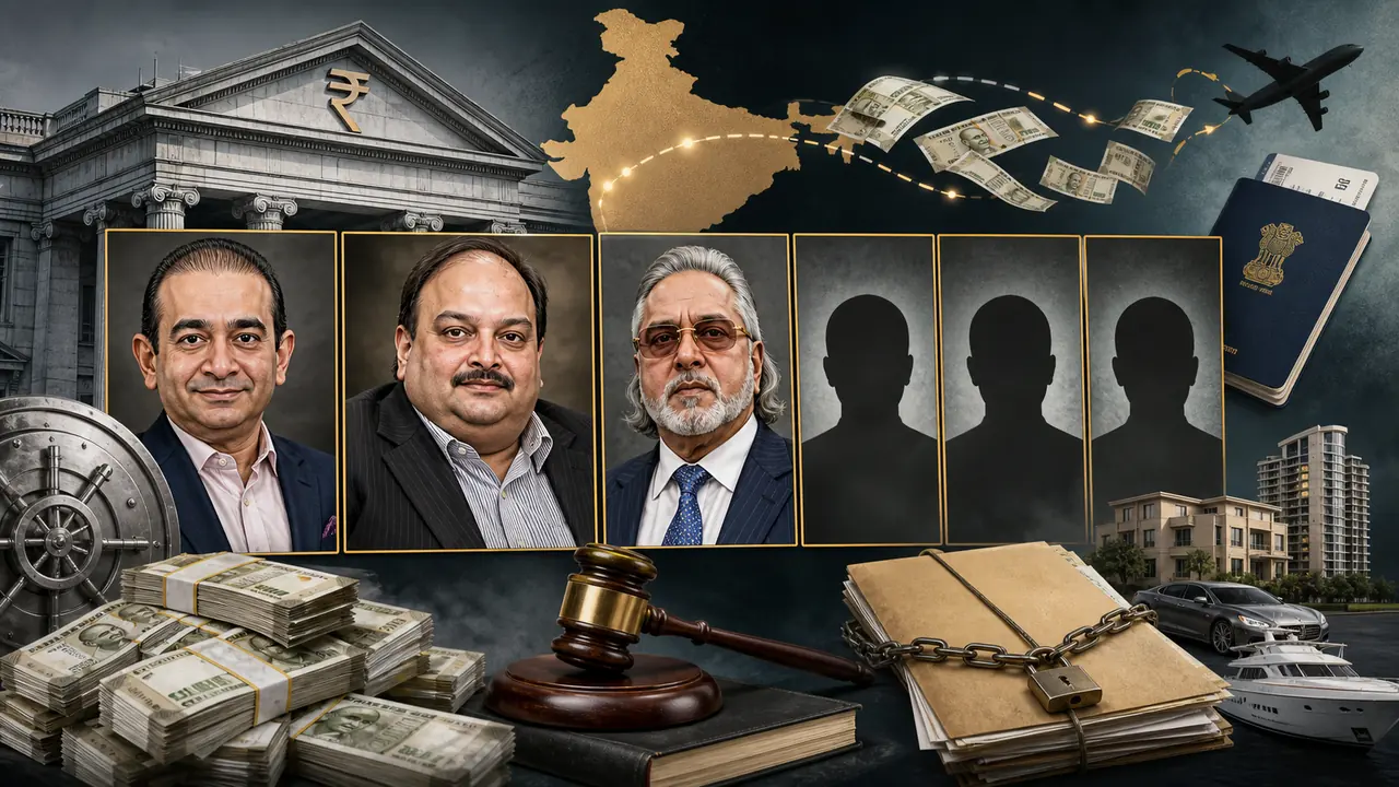 High-profile fugitive economic offender case collage showing Nirav Modi, Mehul Choksi, Vijay Mallya, and symbolic Indian bank fraud escape and asset confiscation elements