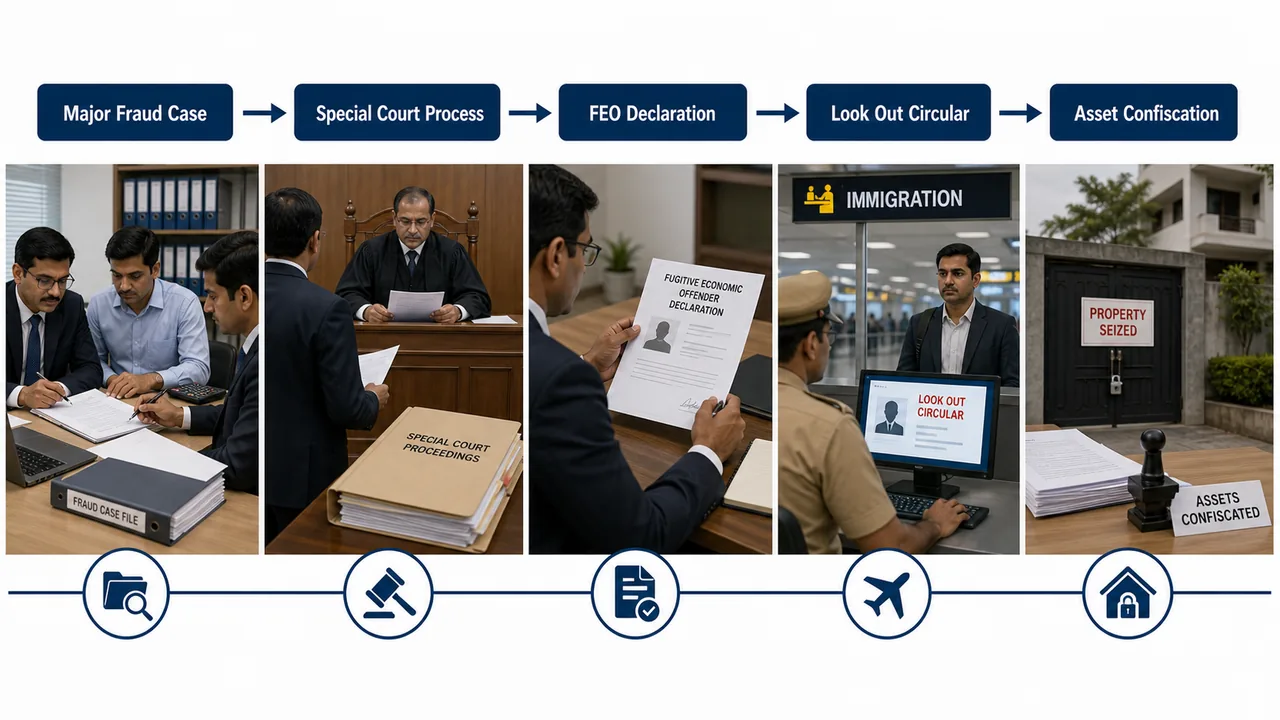 Fugitive Economic Offender and Look Out Circular workflow from major fraud case to court process declaration travel alert and asset confiscation