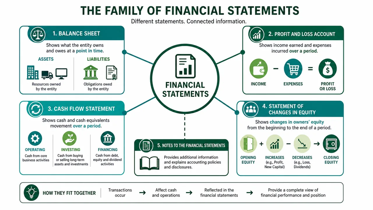 Family of financial statements in banking and accounting showing balance sheet, profit and loss account, cash flow statement, equity changes, and notes