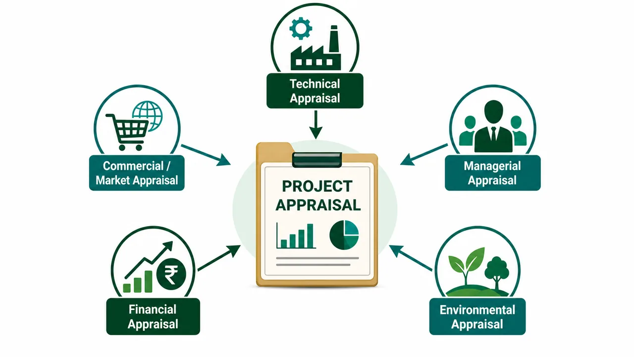 Five angles of project appraisal in banking showing technical, commercial market, managerial, financial, and environmental evaluation