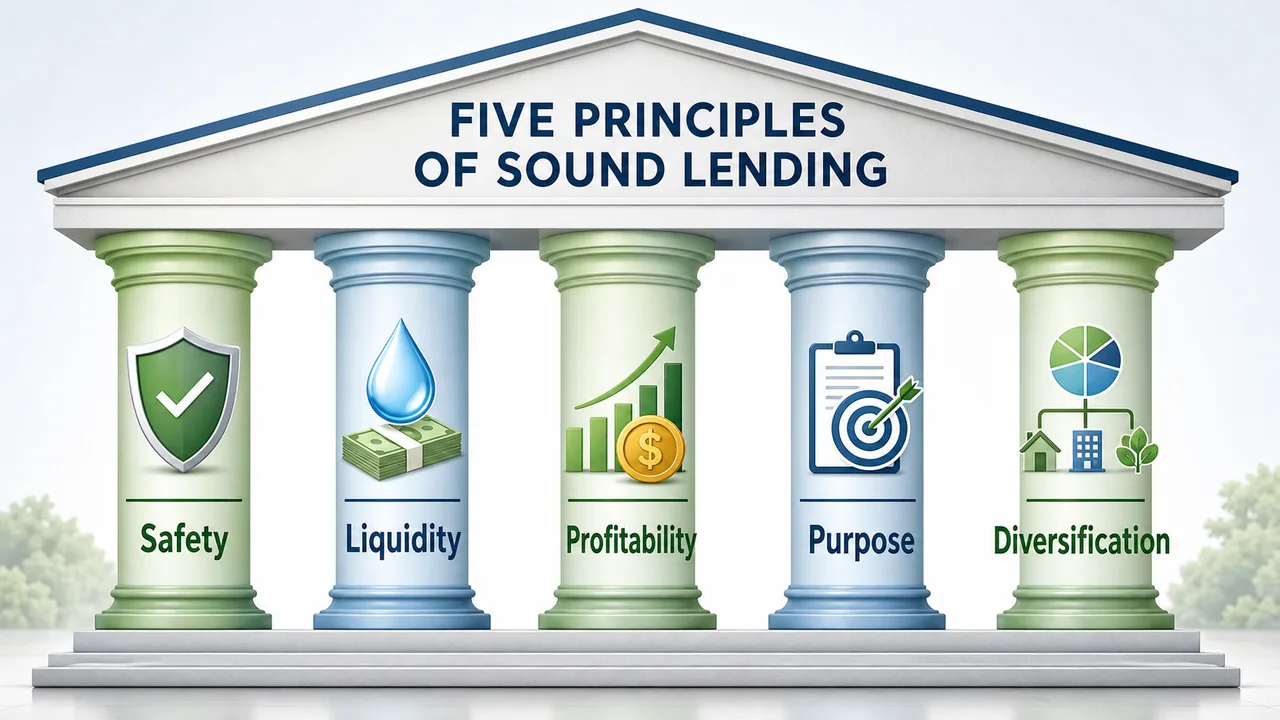 Five principles of sound lending in banking showing safety, liquidity, profitability, purpose, and diversification as the core pillars of prudent lending