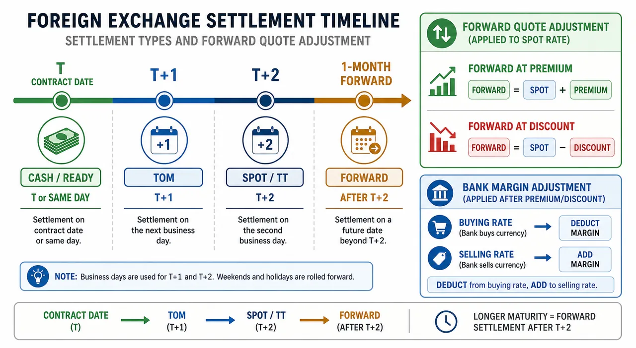 Foreign exchange settlement timeline showing cash ready, tom, spot, and forward rates with premium discount and bank margin adjustment flow