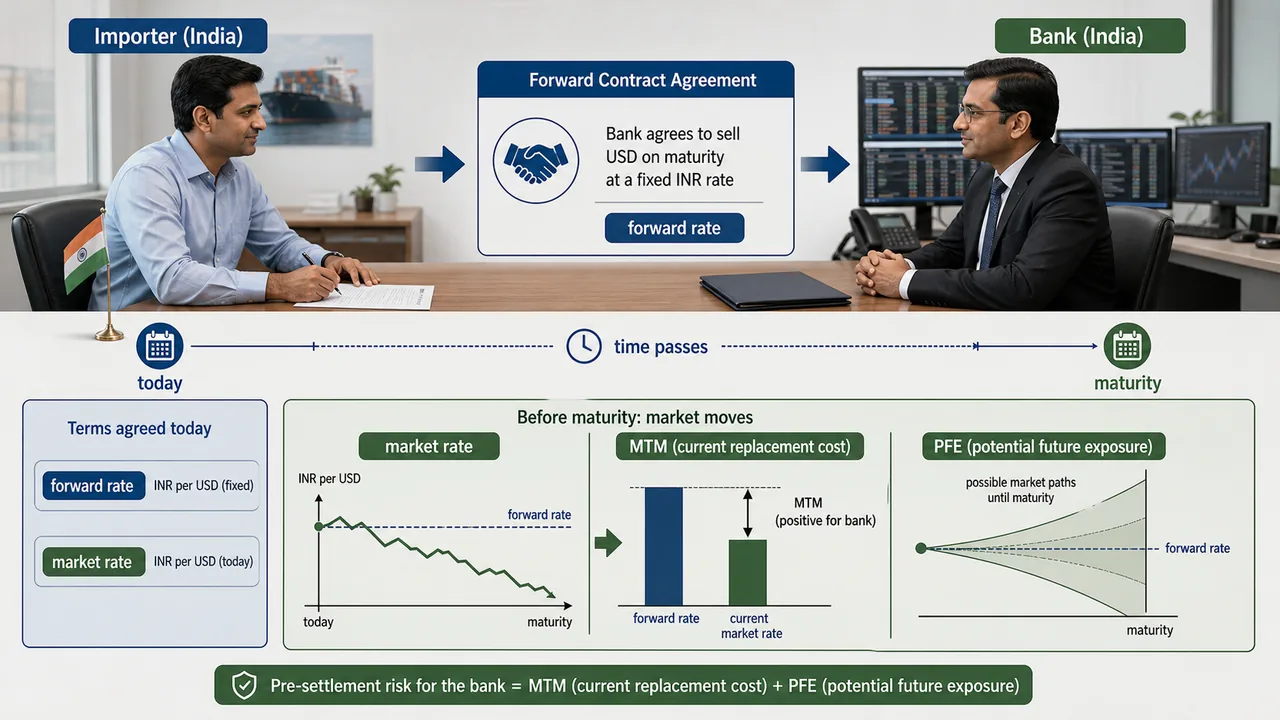 Forward contract and pre-settlement risk illustration showing an importer booking a fixed forward rate with a bank and the bank's exposure before maturity through positive mark-to-market and potential future exposure