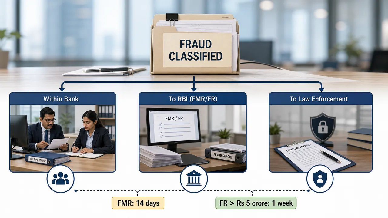 Three-channel fraud reporting framework in banking showing internal bank reporting RBI FMR and FR filing and law-enforcement complaint path