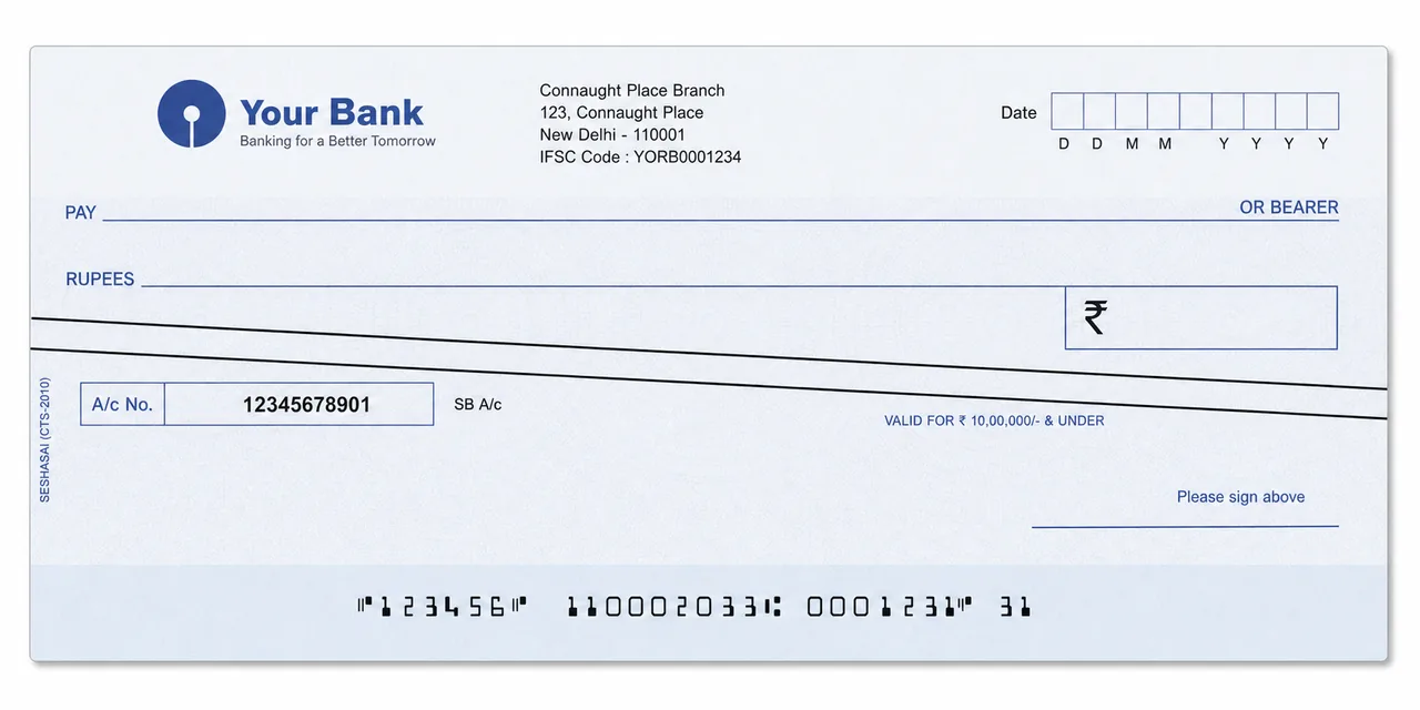 Realistic cheque specimen showing general crossing with two parallel transverse lines