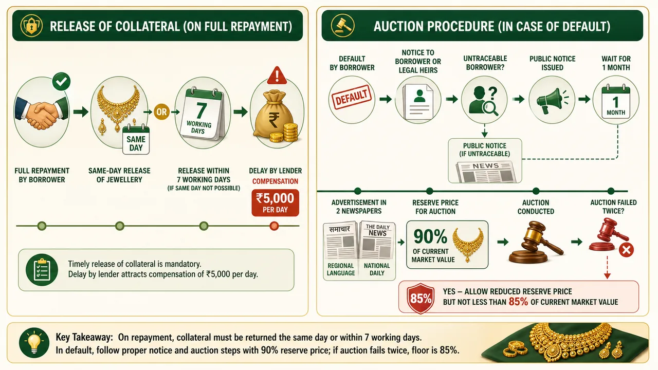 Gold loan release and auction timeline showing same-day or seven-working-day release, delay compensation, public notice, reserve price, and failed-auction fallback