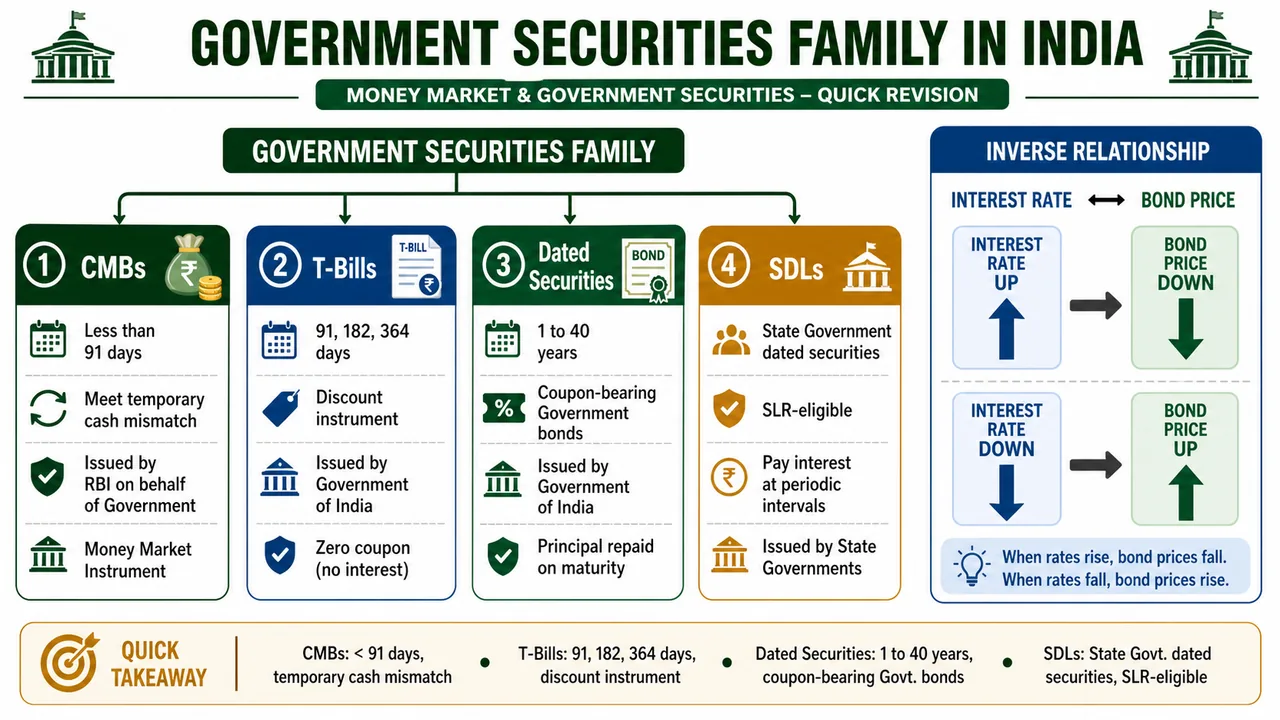 Government securities family for banking exams showing CMBs, T-Bills, dated securities, SDLs, and the inverse relationship between interest rates and bond prices