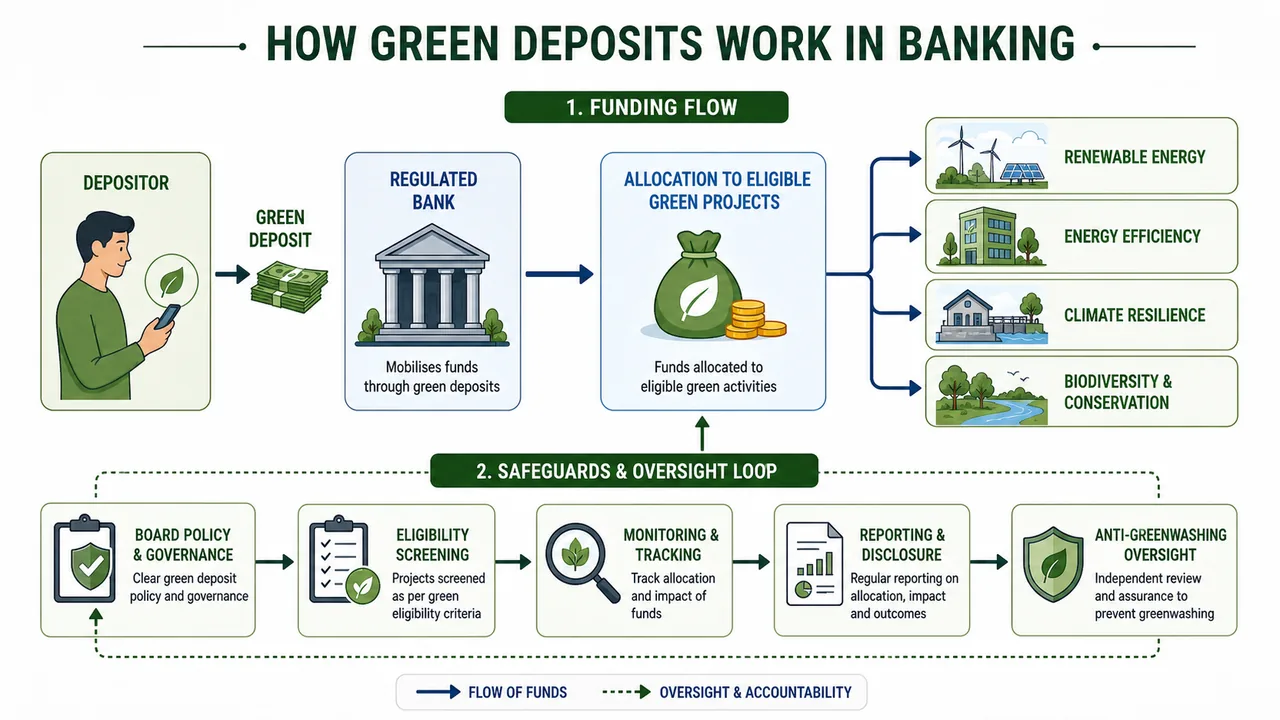 Flow of green deposits from depositor to regulated bank and eligible green projects with governance, reporting, and anti-greenwashing safeguards