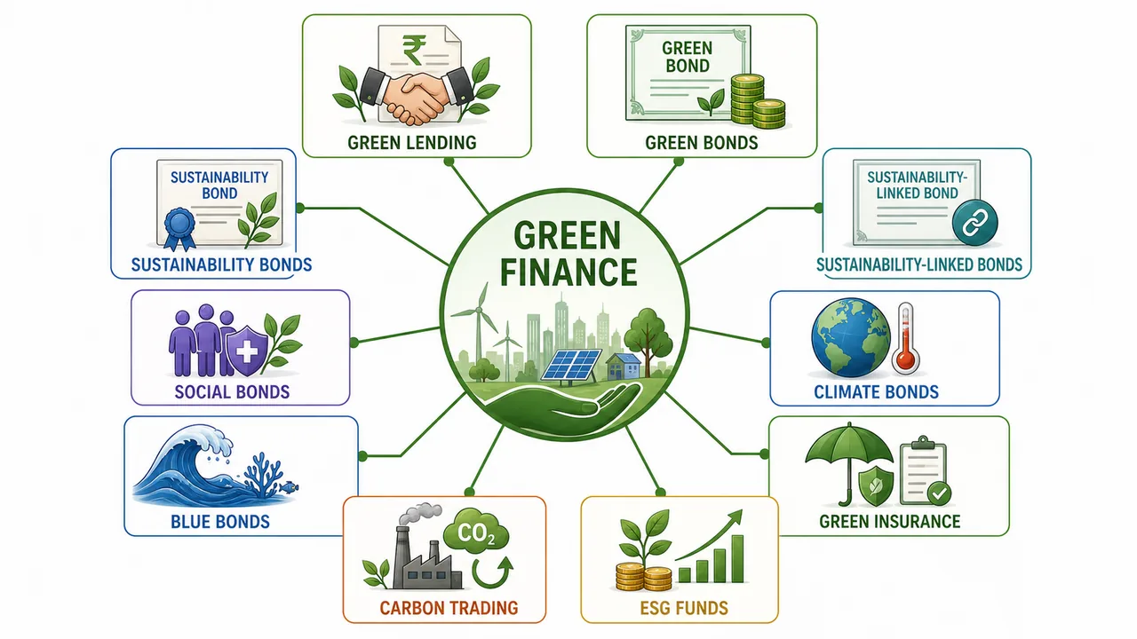 Map of green finance instruments including green lending, green bonds, sustainability bonds, sustainability-linked bonds, social bonds, climate bonds, blue bonds, green insurance, carbon trading, and ESG funds