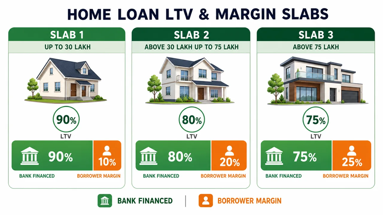 Home loan LTV and margin comparison showing loan amount slabs up to 30 lakh, above 30 lakh to 75 lakh, and above 75 lakh with their financing percentages