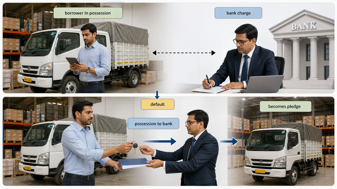 Hypothecation in banking showing the borrower retaining possession of movable assets first and the charge converting into pledge when possession is handed to the bank after default
