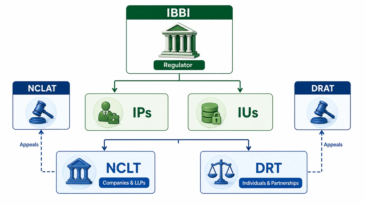 IBC institutional infrastructure map showing IBBI, insolvency professionals, information utilities, adjudicating authorities, and appellate authorities