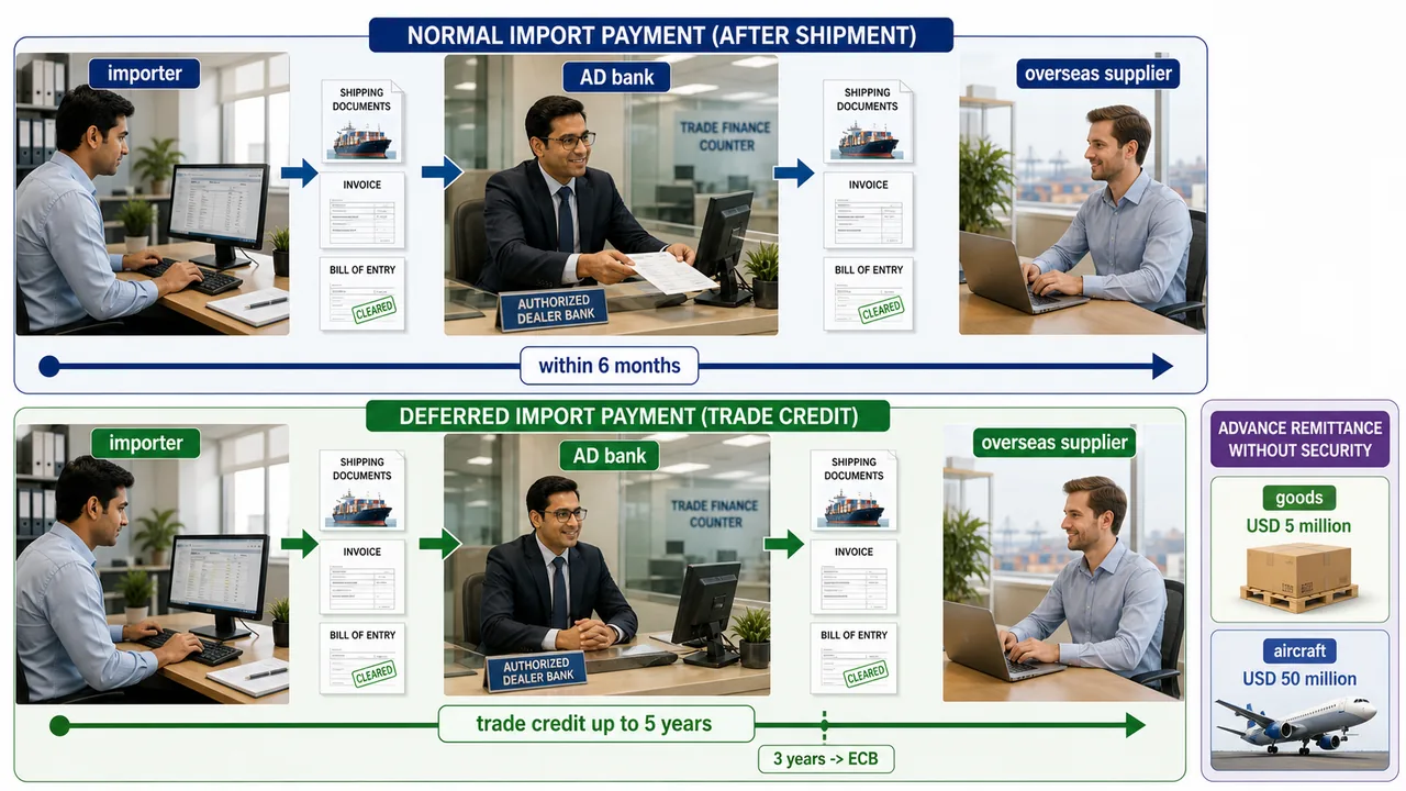 Import payment routes in banking exams comparing normal settlement within six months, deferred trade credit up to five years, ECB treatment after three years, and advance remittance limits for goods and aircraft